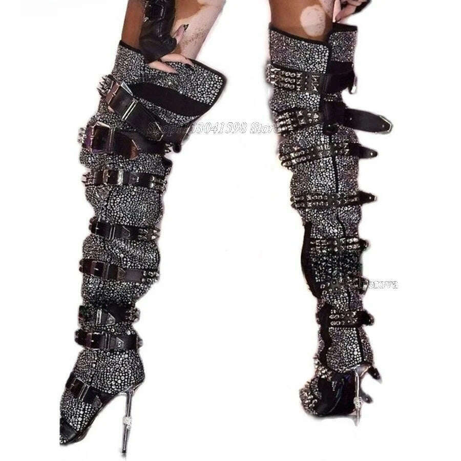 Rhinestone Studded Boots over Knee Women Fashion Slip On Knee High Booties Designer Motorcycle Shoes Autumn Winter 2023Plus Size - KIMLUD