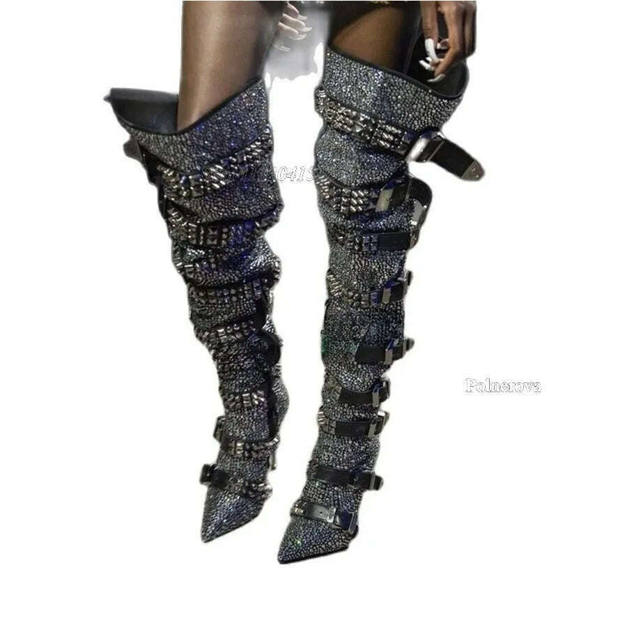 Rhinestone Studded Boots over Knee Women Fashion Slip On Knee High Booties Designer Motorcycle Shoes Autumn Winter 2023Plus Size - KIMLUD