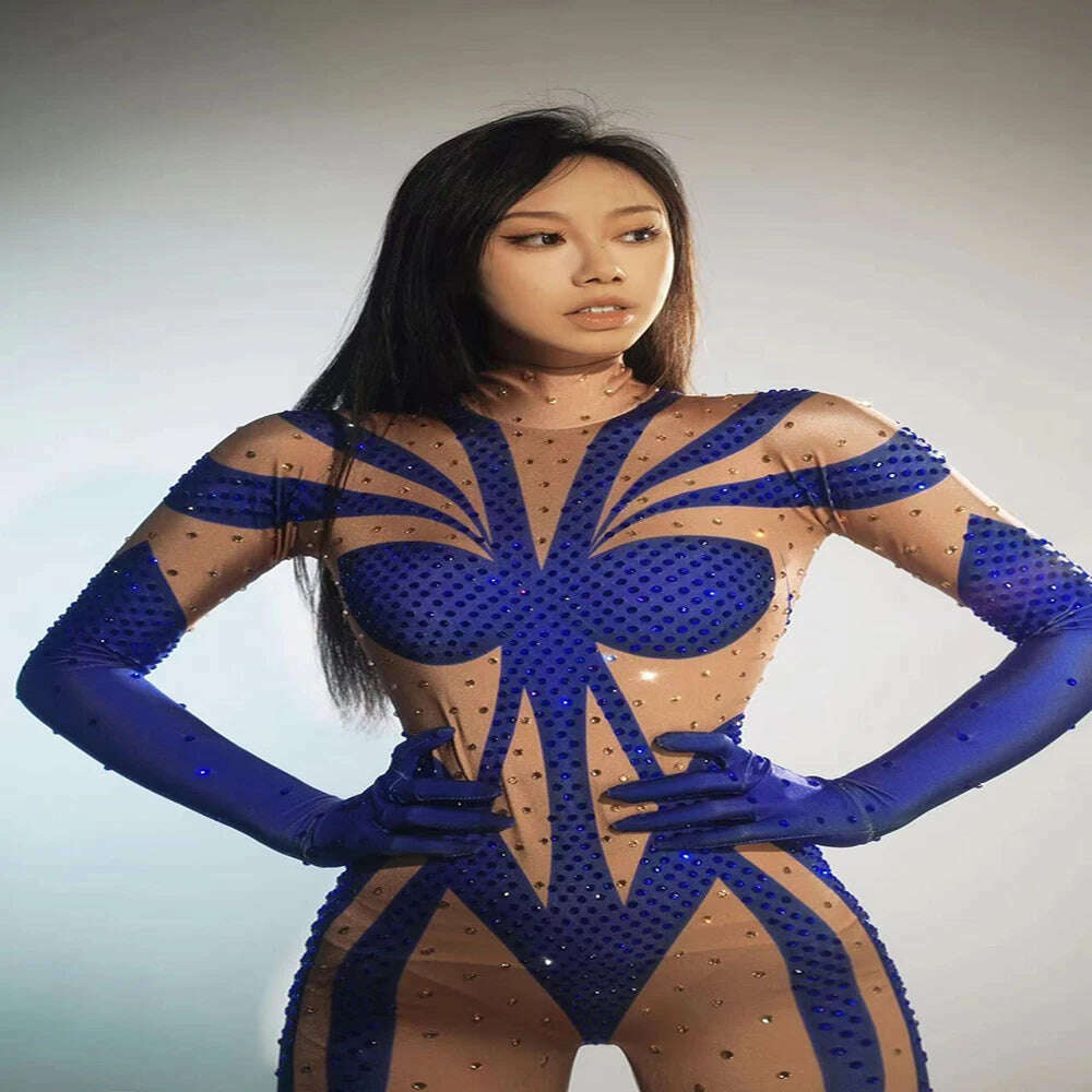 KIMLUD, Rhinestones Jumpsuit Sexy Tech Gogo Dance Costumes Women Party Rave Outfit Ds Dj Pole Dance Clothing Clubwear, wenzilan / L, KIMLUD APPAREL - Womens Clothes