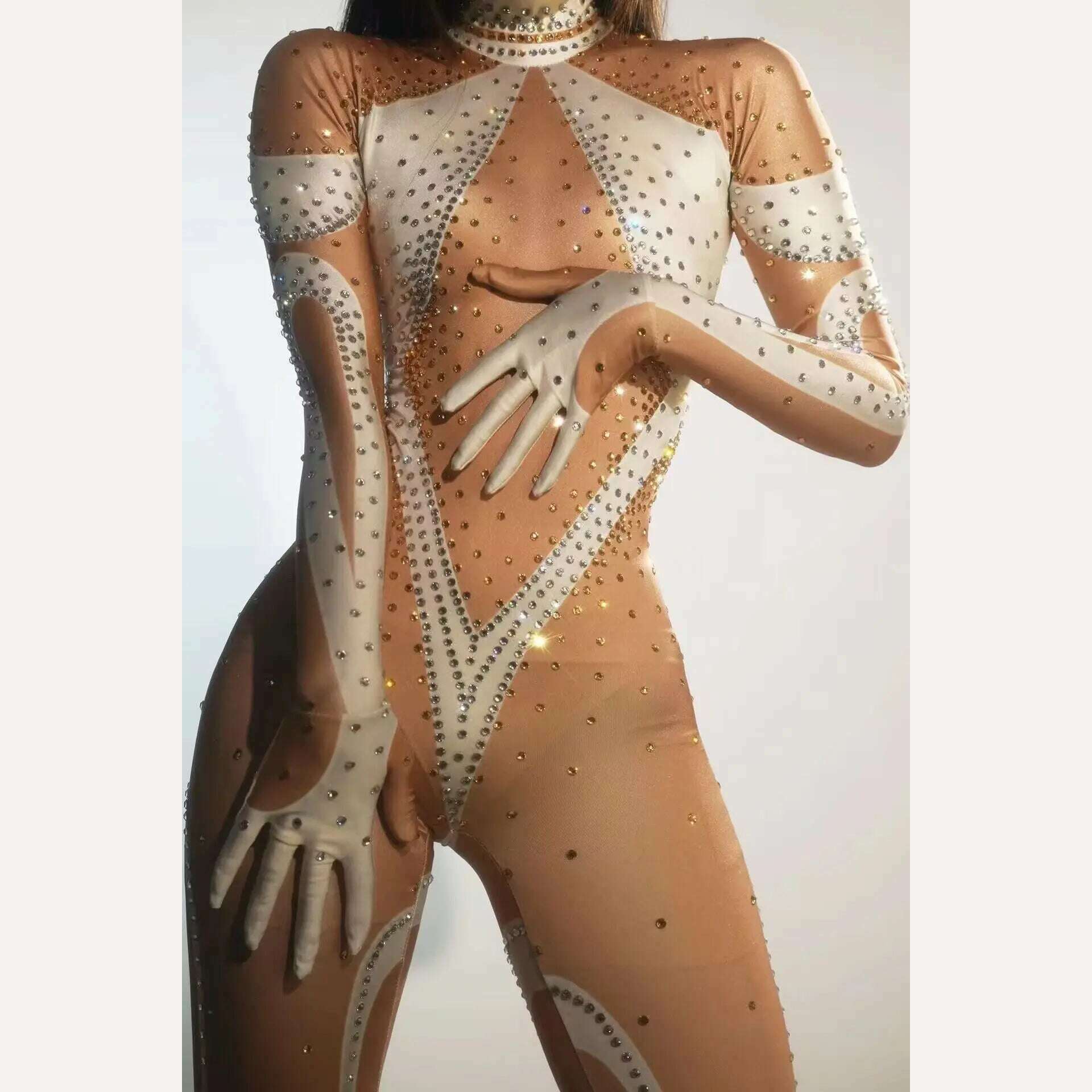 KIMLUD, Rhinestones Jumpsuit Sexy Tech Gogo Dance Costumes Women Party Rave Outfit Ds Dj Pole Dance Clothing Clubwear, daopianbai / S, KIMLUD APPAREL - Womens Clothes