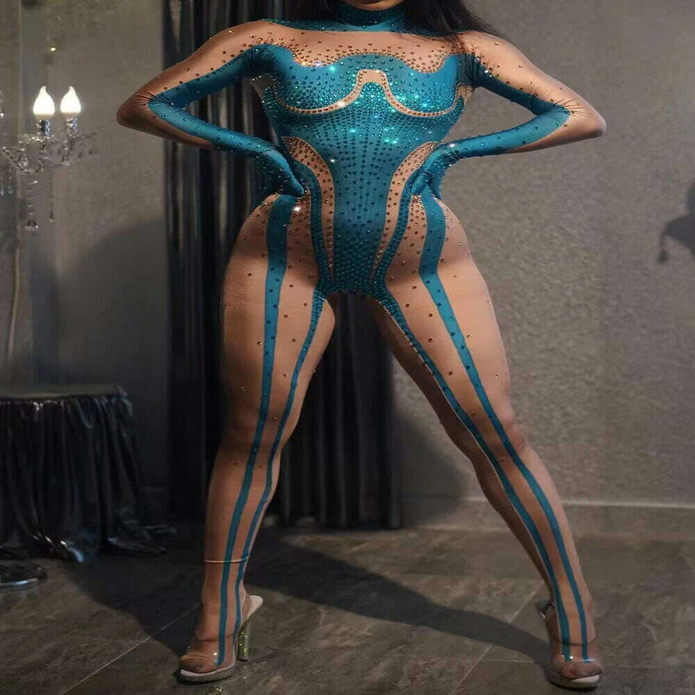 KIMLUD, Rhinestones Jumpsuit Sexy Tech Gogo Dance Costumes Women Party Rave Outfit Ds Dj Pole Dance Clothing Clubwear, qingshuichi / S, KIMLUD APPAREL - Womens Clothes