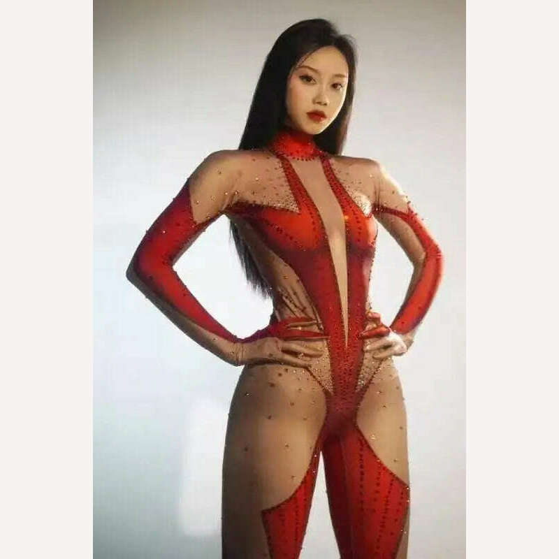 KIMLUD, Rhinestones Jumpsuit Sexy Tech Gogo Dance Costumes Women Party Rave Outfit Ds Dj Pole Dance Clothing Clubwear, duihaohong / S, KIMLUD APPAREL - Womens Clothes