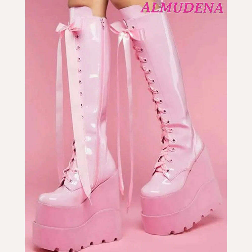 KIMLUD, Ribbon Lace Up Knee High Platform Boots Women Pink Leather Super High Heels Big Size Boot Wedges Y2K Lolita Dress Highten Shoes, as photo / 35, KIMLUD Womens Clothes