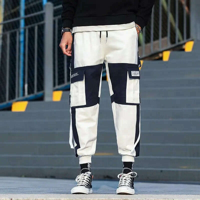 KIMLUD, Ribbons Harem Joggers Men Cargo Pants Streetwear 2023 Hip Hop Casual Pockets Track Pants Male Harajuku Fashion Trousers, XS / White, KIMLUD Womens Clothes