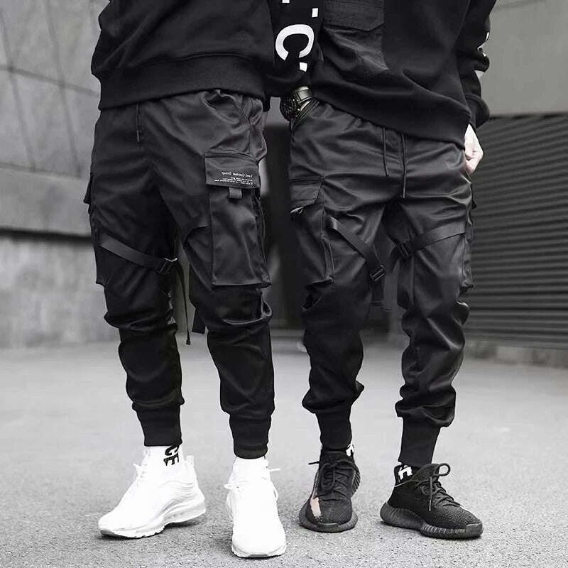 KIMLUD, Ribbons Harem Joggers Men Cargo Pants Streetwear 2023 Hip Hop Casual Pockets Track Pants Male Harajuku Fashion Trousers, XS / Black, KIMLUD Womens Clothes