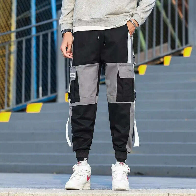 KIMLUD, Ribbons Harem Joggers Men Cargo Pants Streetwear 2023 Hip Hop Casual Pockets Track Pants Male Harajuku Fashion Trousers, XS / Dark Grey, KIMLUD Womens Clothes