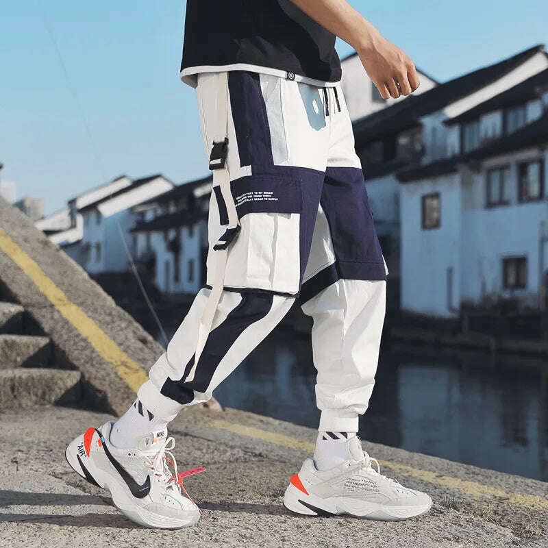 KIMLUD, Ribbons Harem Joggers Men Cargo Pants Streetwear 2023 Hip Hop Casual Pockets Track Pants Male Harajuku Fashion Trousers, KIMLUD Womens Clothes