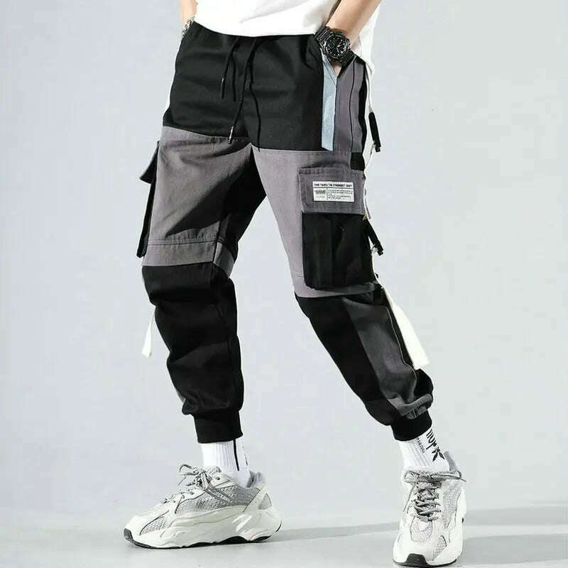 KIMLUD, Ribbons Harem Joggers Men Cargo Pants Streetwear 2023 Hip Hop Casual Pockets Track Pants Male Harajuku Fashion Trousers, KIMLUD Womens Clothes
