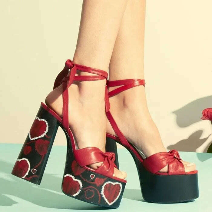 KIMLUD, RIBETRINI Big Size 34-43 Luxury Brand Female Runway Show Platform Sandals Summer Party Sandals Women Heart-Printed Shoes Woman, KIMLUD Womens Clothes