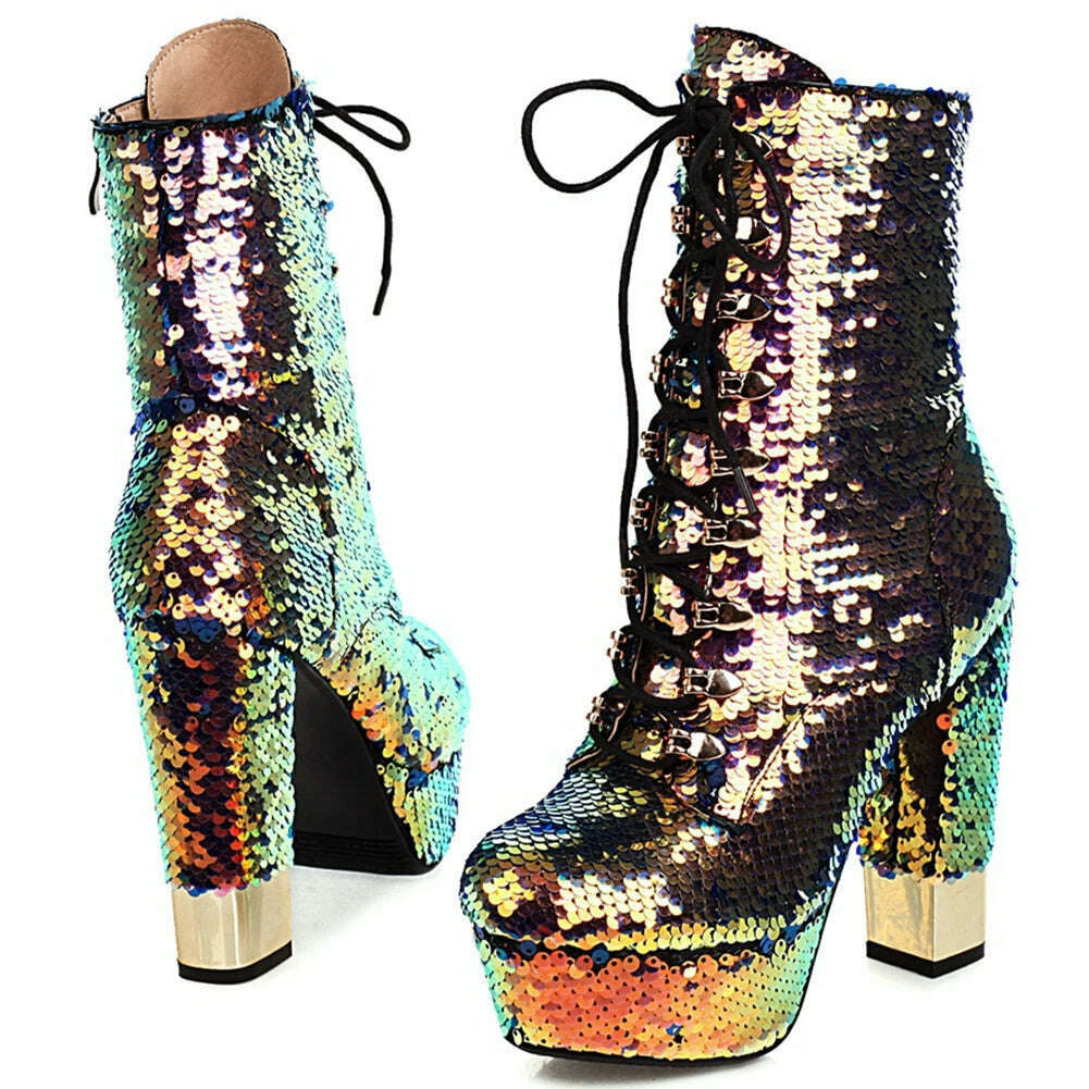 KIMLUD, RIBETRINI fashion party super high heels ankle boots women shining glitters boots ladies high platform shoes woman 2020, KIMLUD Womens Clothes