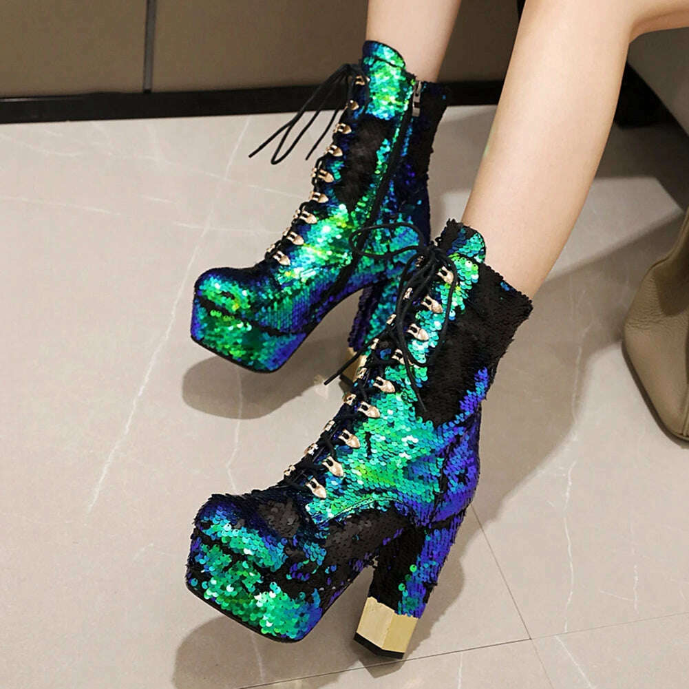 KIMLUD, RIBETRINI fashion party super high heels ankle boots women shining glitters boots ladies high platform shoes woman 2020, KIMLUD Womens Clothes