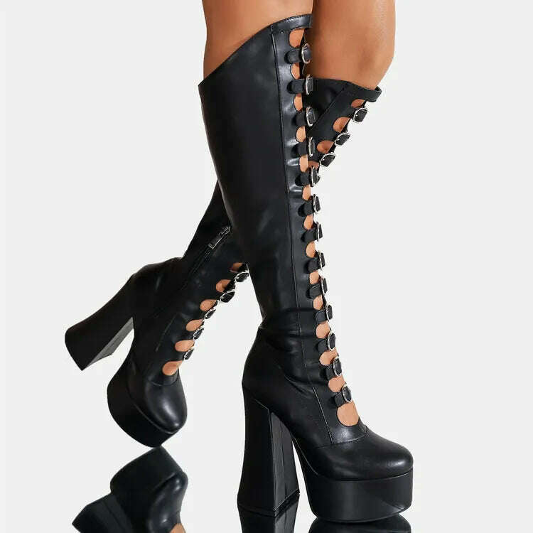 KIMLUD, RIBETRINI Punk Gothic Chic Platform Knee High Boots For Women Buckle Blcok High Heels Cosplay Halloween Long Designer Shoes, Black / 5, KIMLUD Womens Clothes