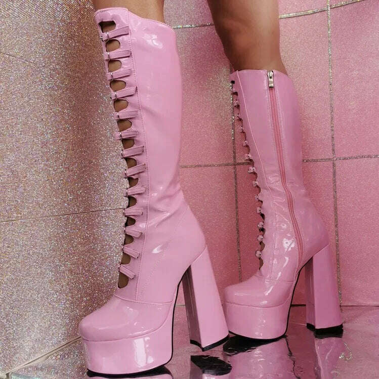 KIMLUD, RIBETRINI Punk Gothic Chic Platform Knee High Boots For Women Buckle Blcok High Heels Cosplay Halloween Long Designer Shoes, Pink Patent / 5, KIMLUD APPAREL - Womens Clothes