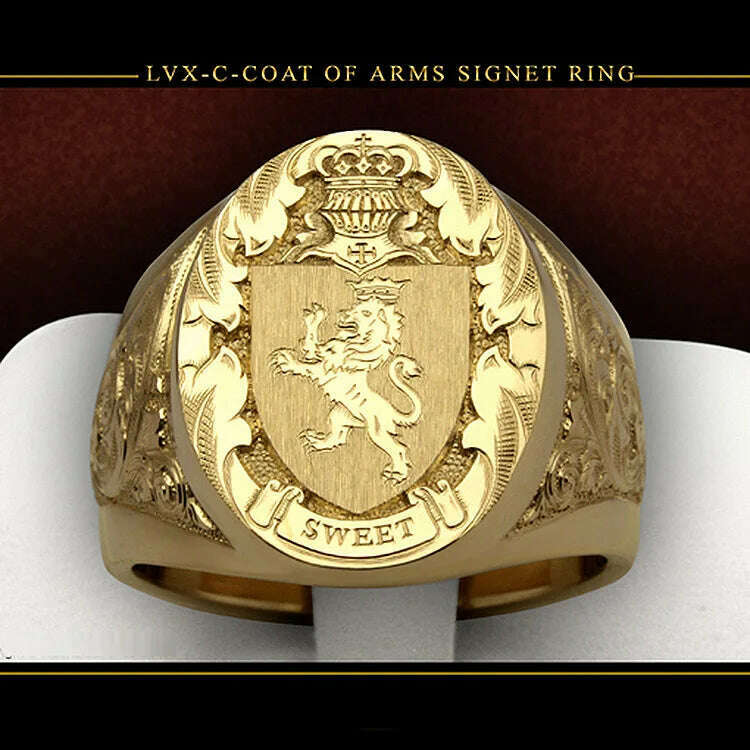 Ring men trends 2023 Crown Lion Shield Badge Ring 14k Yellow Gold Color Royal Seal Men's Ring for party gift for boy - KIMLUD