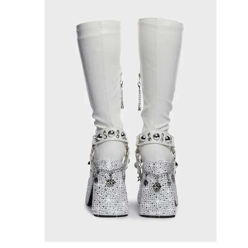 Rivet Crystal Decor Platform Boots Round Toe Square Heel Fashionable Sexy Novel Style Summer 2023 Woman Shoes Zapatillas Mujer - KIMLUD