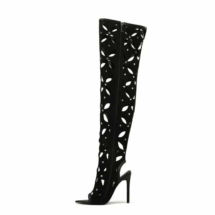 KIMLUD, Rivet Hollow Out Color Matching Over Knee Boots New Fish Mouth Hollow High Heel Sandals European American Fashion Women Shoes 43, NRH-A806 Black / 35, KIMLUD APPAREL - Womens Clothes