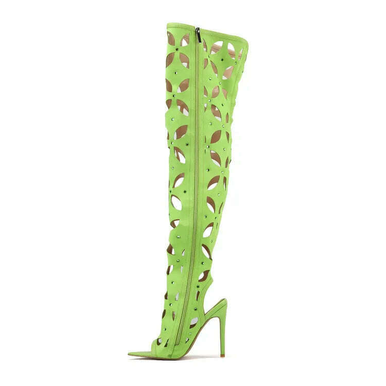 KIMLUD, Rivet Hollow Out Color Matching Over Knee Boots New Fish Mouth Hollow High Heel Sandals European American Fashion Women Shoes 43, NRH-A806 Green / 35, KIMLUD APPAREL - Womens Clothes