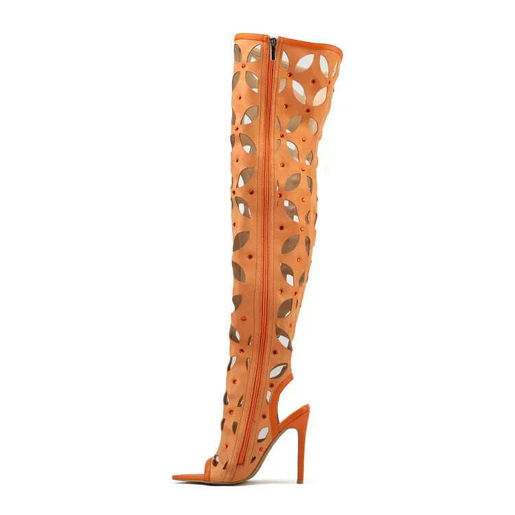 KIMLUD, Rivet Hollow Out Color Matching Over Knee Boots New Fish Mouth Hollow High Heel Sandals European American Fashion Women Shoes 43, NRH-A806 Orange / 35, KIMLUD APPAREL - Womens Clothes