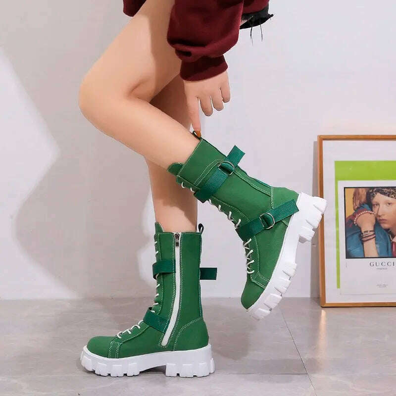 KIMLUD, Rock Shoes Woman Boots Women New 2022 Lace Up Booties Ladies Round Toe Luxury Designer Flat Heel Lolita Med Fashion Sports, Green / 35, KIMLUD APPAREL - Womens Clothes