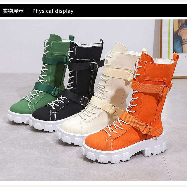 KIMLUD, Rock Shoes Woman Boots Women New 2022 Lace Up Booties Ladies Round Toe Luxury Designer Flat Heel Lolita Med Fashion Sports, KIMLUD Womens Clothes
