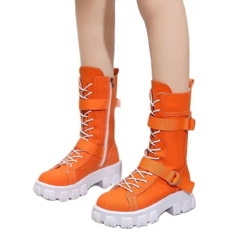 KIMLUD, Rock Shoes Woman Boots Women New 2022 Lace Up Booties Ladies Round Toe Luxury Designer Flat Heel Lolita Med Fashion Sports, KIMLUD Womens Clothes