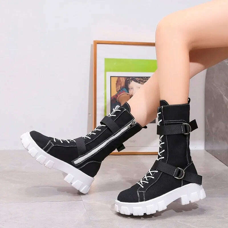 KIMLUD, Rock Shoes Woman Boots Women New 2022 Lace Up Booties Ladies Round Toe Luxury Designer Flat Heel Lolita Med Fashion Sports, KIMLUD Womens Clothes