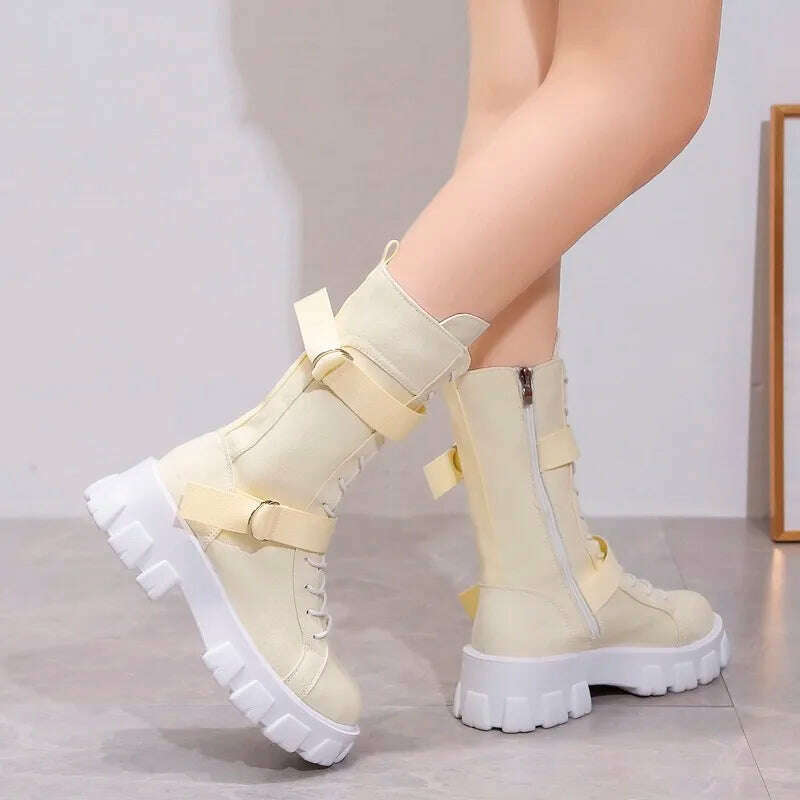 KIMLUD, Rock Shoes Woman Boots Women New 2022 Lace Up Booties Ladies Round Toe Luxury Designer Flat Heel Lolita Med Fashion Sports, KIMLUD Womens Clothes