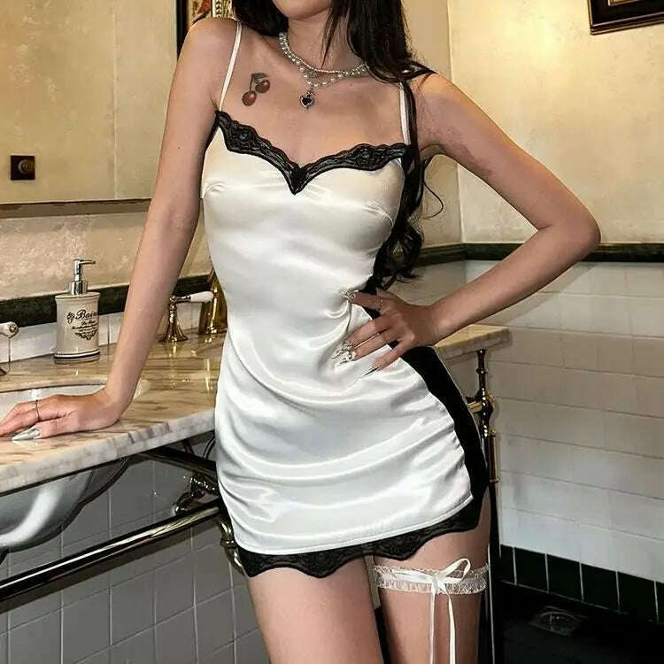 KIMLUD, Rockmore Black Lace Up Square Collar Dresses Fashion Women Balletcore Aesthetic Bodycon Long Sleeve Mini Dress Korean Style, WHITE / S, KIMLUD APPAREL - Womens Clothes