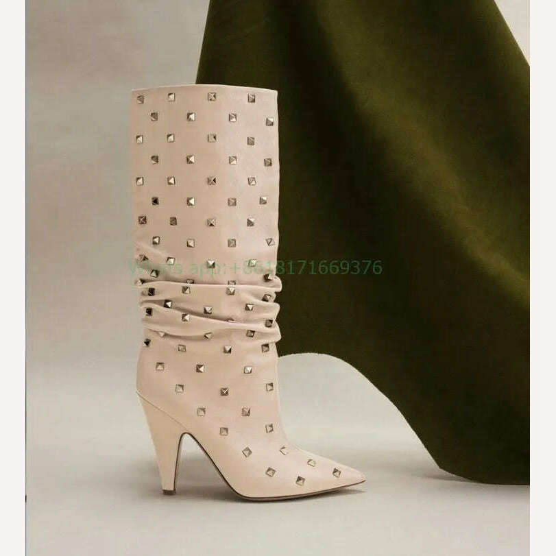 Rockstud Fuchsia Pointed Toe Sexy Ankle Boots Women Leather Spike High Heel Knee High Boots Lady Luxury Dress Shoes Rivets - KIMLUD