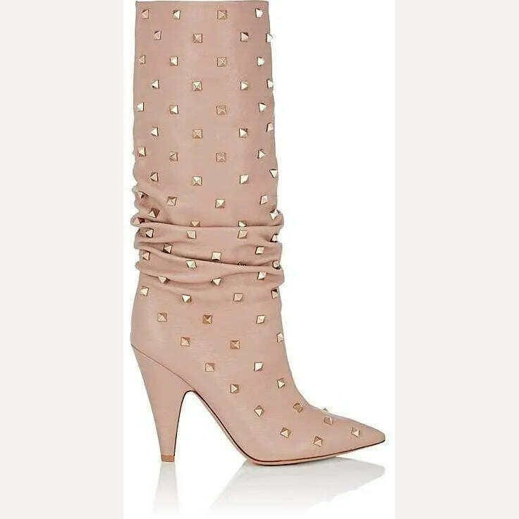 Rockstud Fuchsia Pointed Toe Sexy Ankle Boots Women Leather Spike High Heel Knee High Boots Lady Luxury Dress Shoes Rivets - KIMLUD