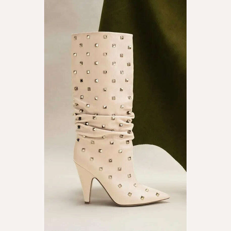 Rockstud Fuchsia Pointed Toe Sexy Ankle Boots Women Leather Spike High Heel Knee High Boots Lady Luxury Dress Shoes Rivets - KIMLUD