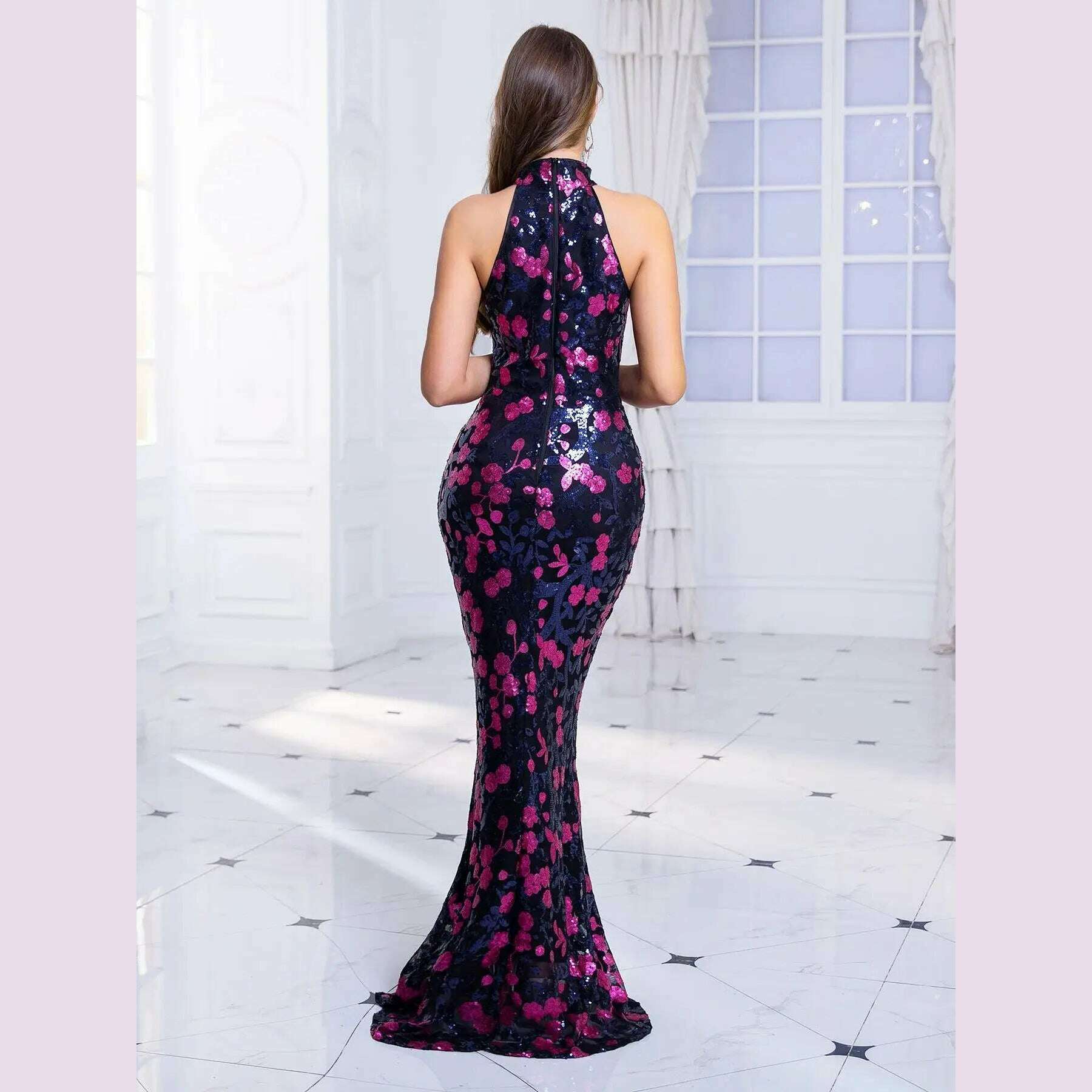 Romagic Elegant Flowers Sequin Sleeveless O Neck Evening Party Dress Sexy Bodycon Mermaid Long Lining Floor Length Prom Dresses - KIMLUD