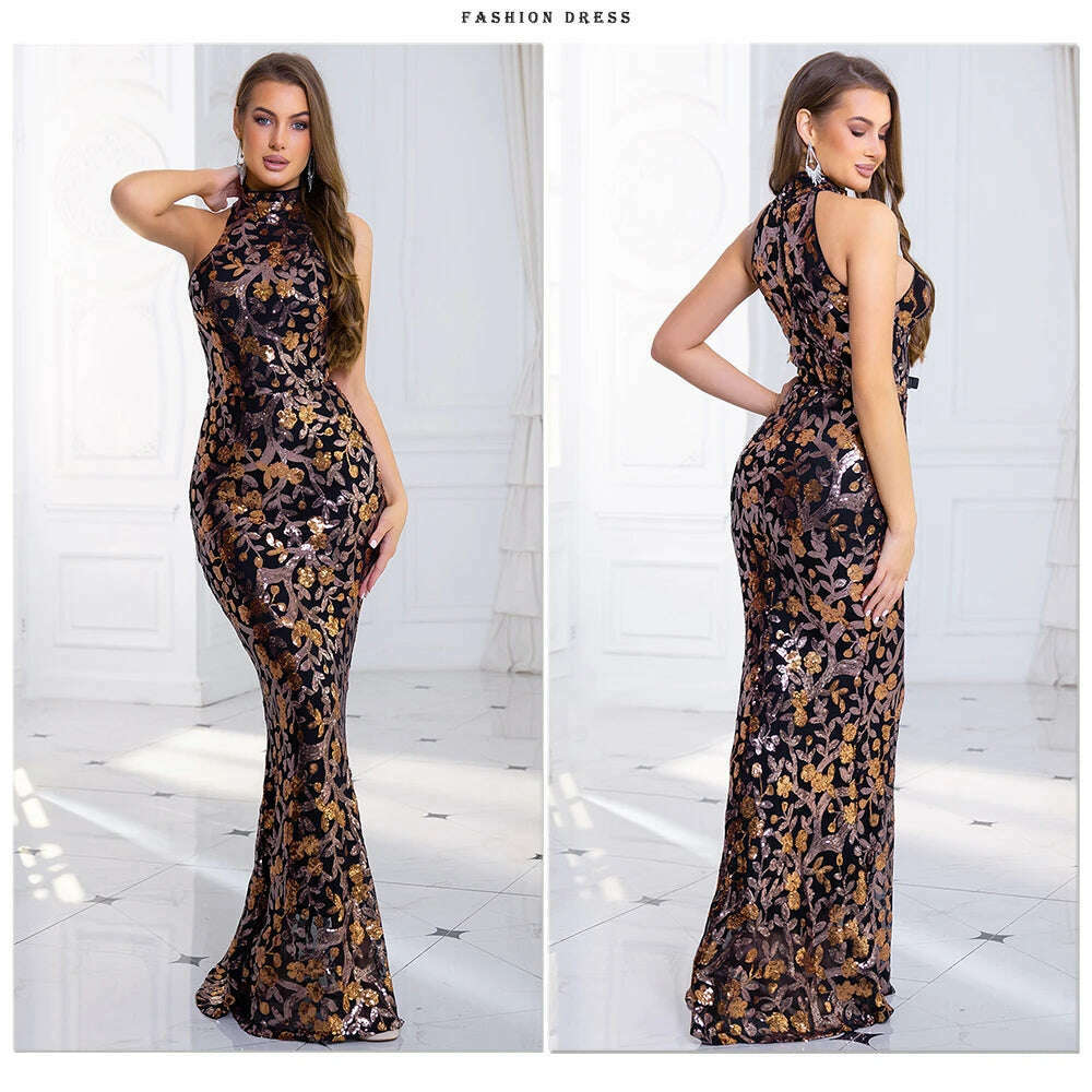 Romagic Elegant Flowers Sequin Sleeveless O Neck Evening Party Dress Sexy Bodycon Mermaid Long Lining Floor Length Prom Dresses - KIMLUD