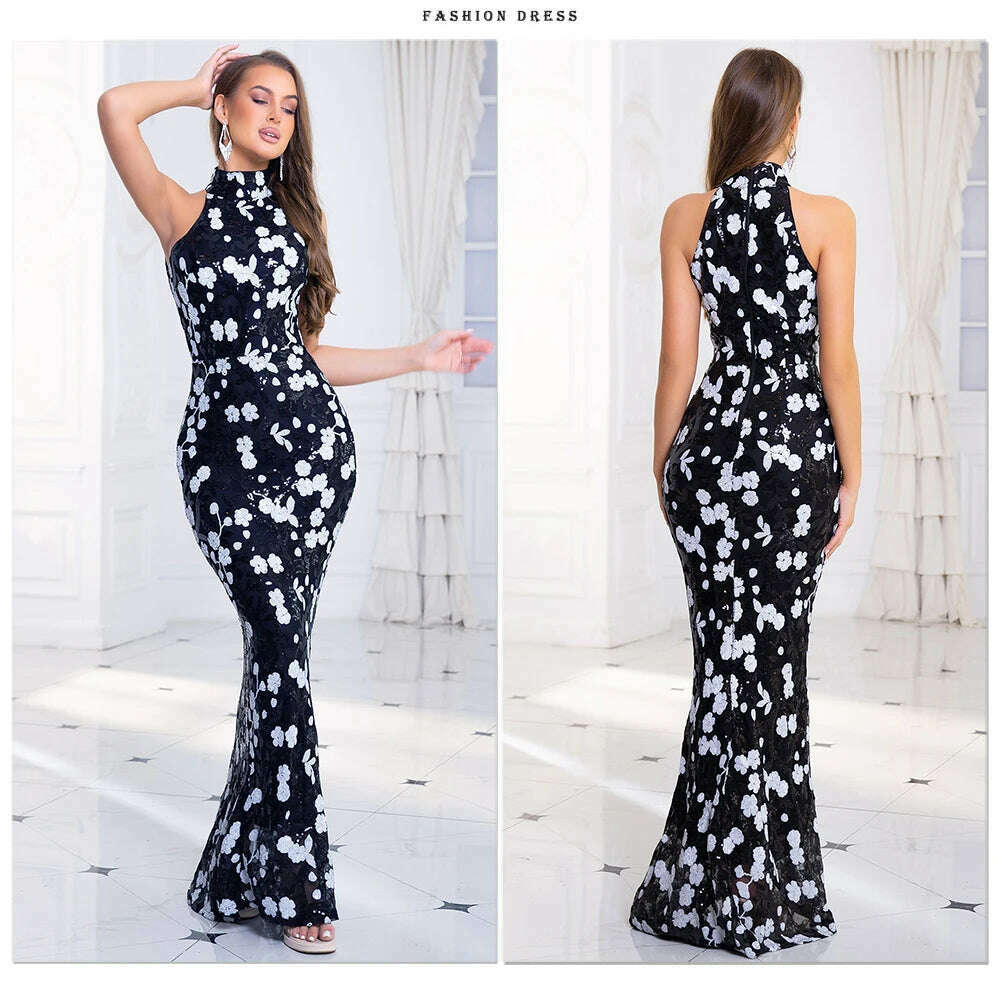 Romagic Elegant Flowers Sequin Sleeveless O Neck Evening Party Dress Sexy Bodycon Mermaid Long Lining Floor Length Prom Dresses - KIMLUD