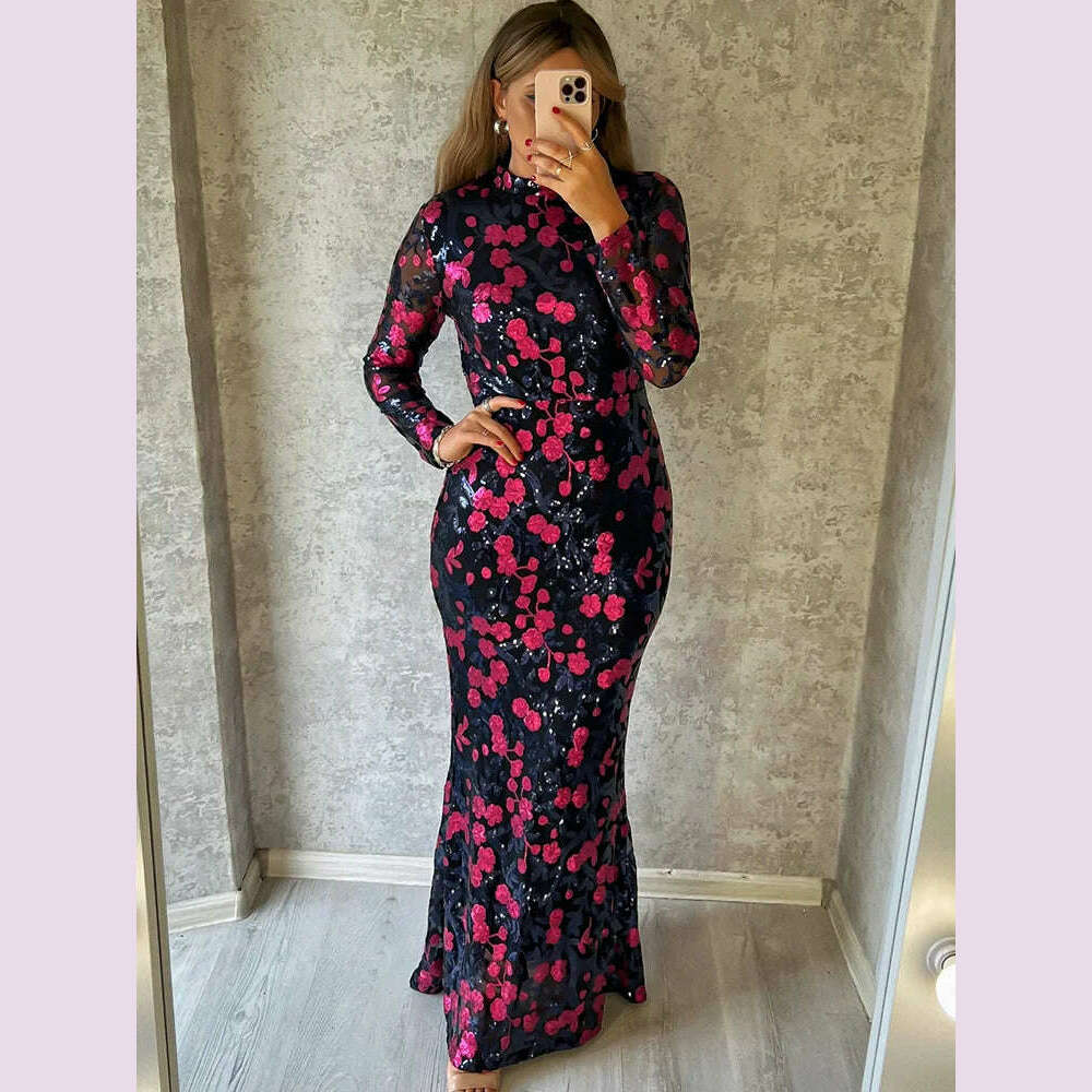 Romagic High Neck Luxury Full Sleeve Sequined Flowers Cocktail Prom Gown Bodycon Mermaid Long Celebrity Evening Party Dress - KIMLUD