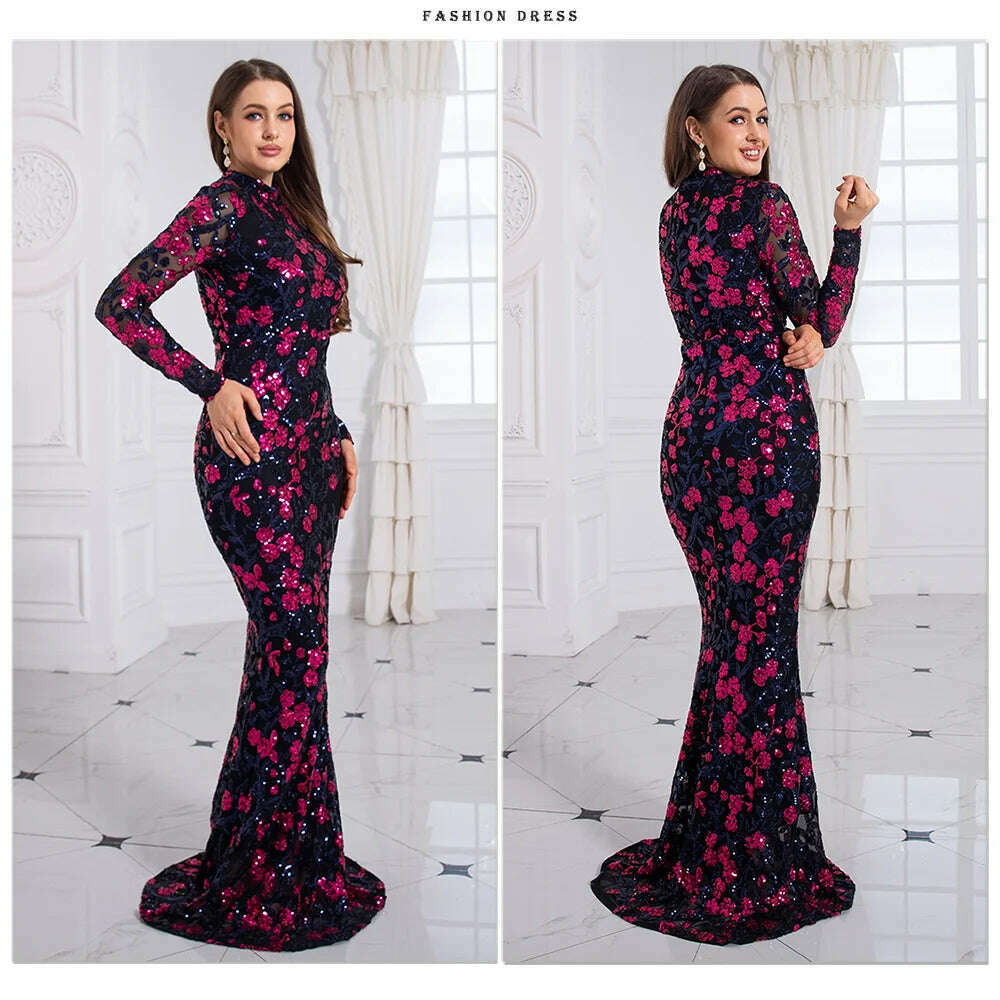 Romagic High Neck Luxury Full Sleeve Sequined Flowers Cocktail Prom Gown Bodycon Mermaid Long Celebrity Evening Party Dress - KIMLUD