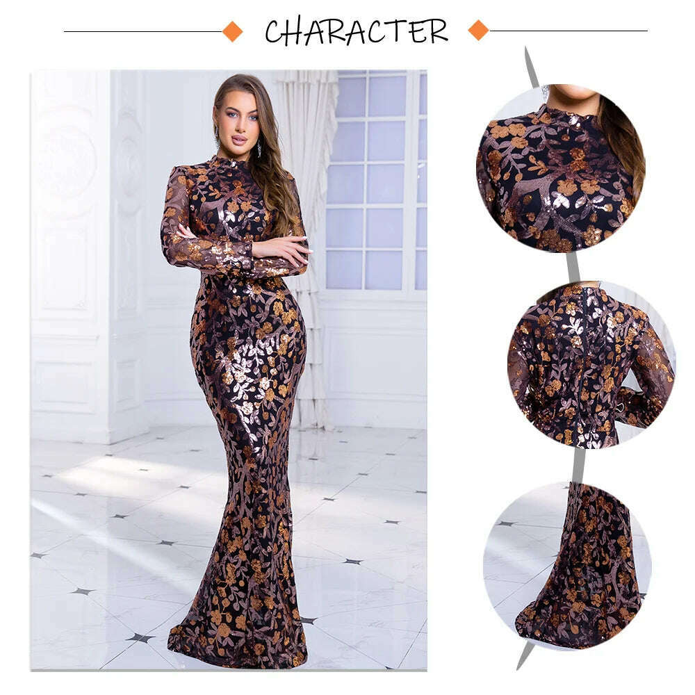 Romagic High Neck Luxury Full Sleeve Sequined Flowers Cocktail Prom Gown Bodycon Mermaid Long Celebrity Evening Party Dress - KIMLUD