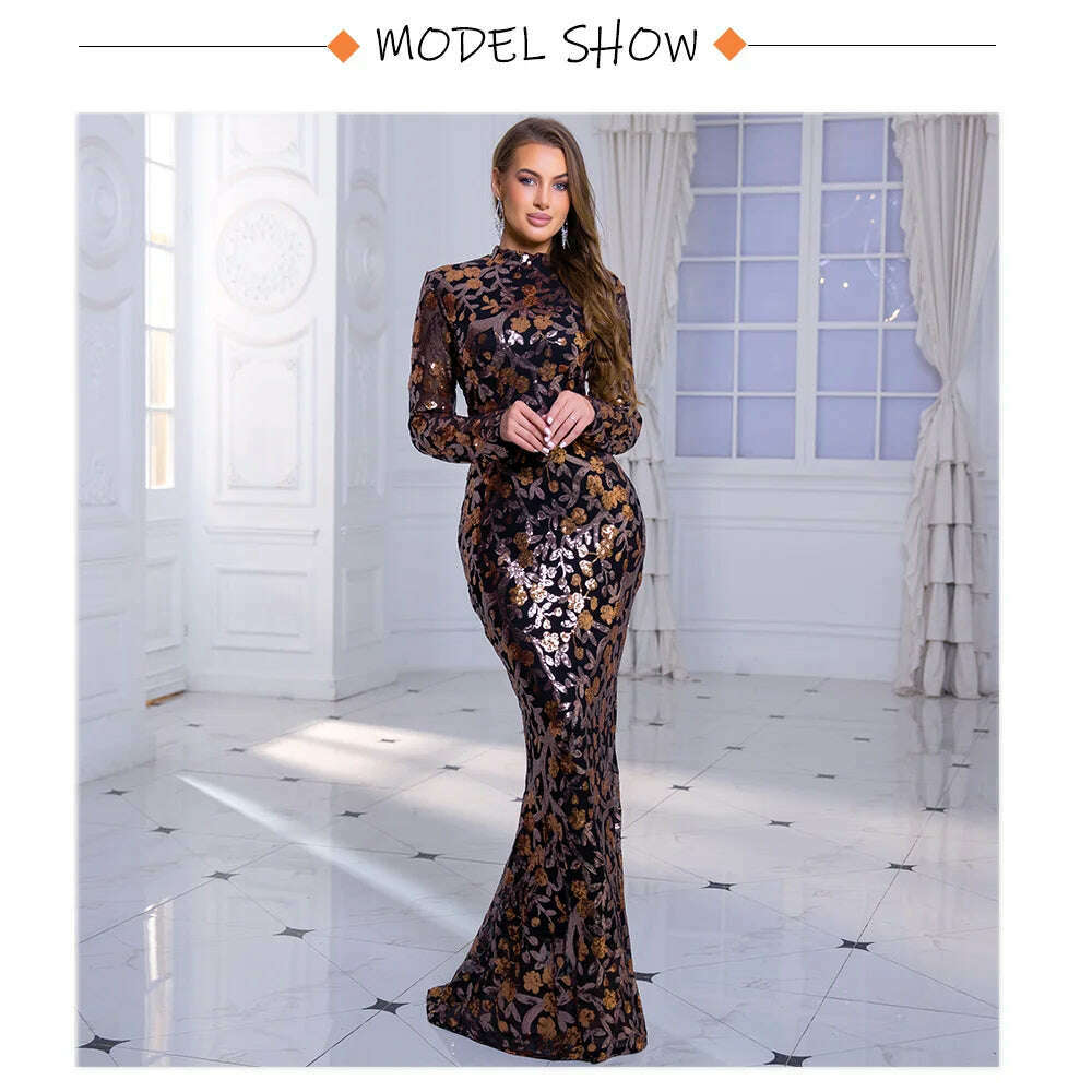 Romagic High Neck Luxury Full Sleeve Sequined Flowers Cocktail Prom Gown Bodycon Mermaid Long Celebrity Evening Party Dress - KIMLUD