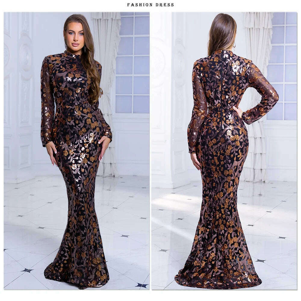 Romagic High Neck Luxury Full Sleeve Sequined Flowers Cocktail Prom Gown Bodycon Mermaid Long Celebrity Evening Party Dress - KIMLUD