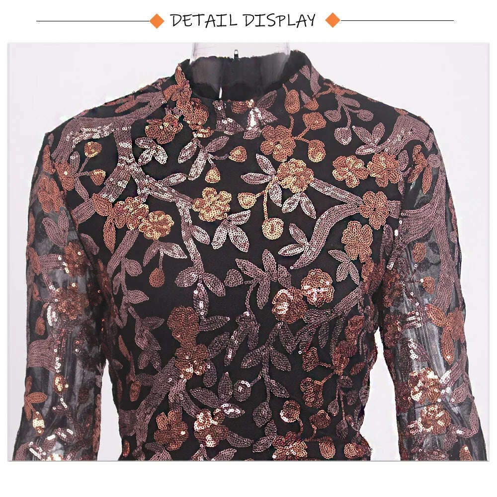 Romagic High Neck Luxury Full Sleeve Sequined Flowers Cocktail Prom Gown Bodycon Mermaid Long Celebrity Evening Party Dress - KIMLUD