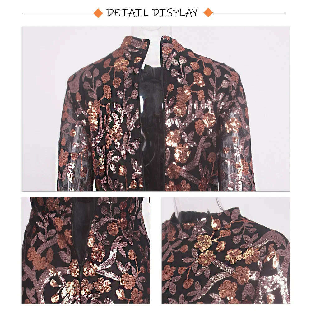 Romagic High Neck Luxury Full Sleeve Sequined Flowers Cocktail Prom Gown Bodycon Mermaid Long Celebrity Evening Party Dress - KIMLUD