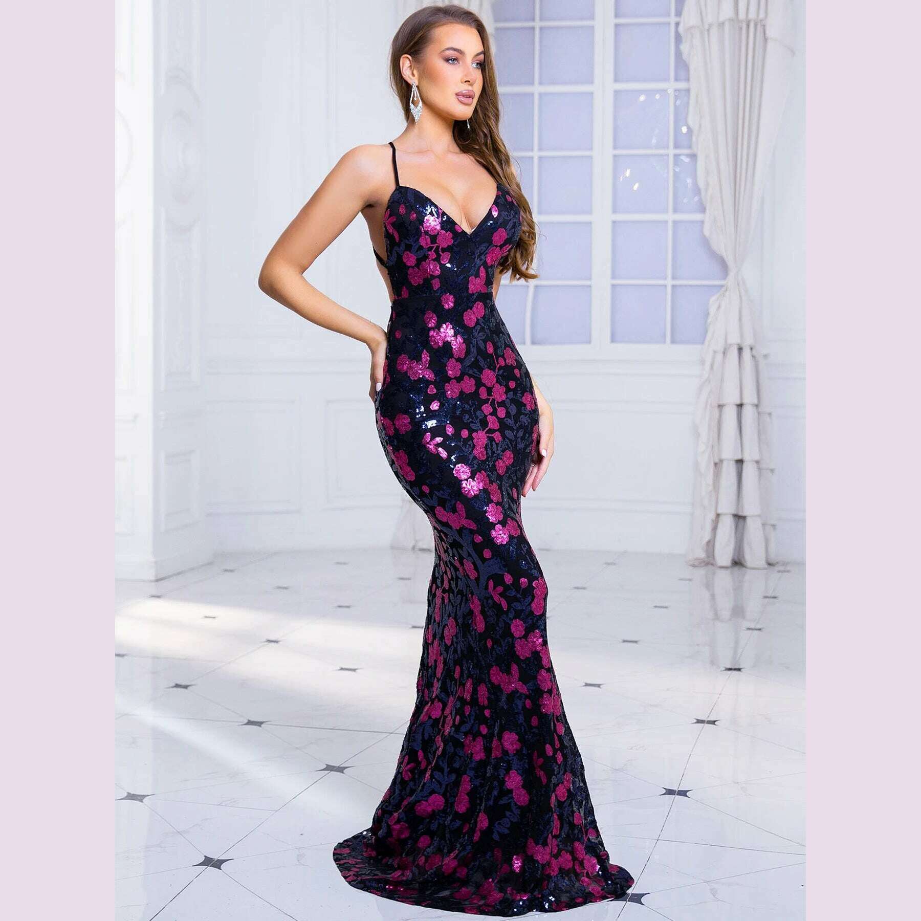 KIMLUD, Romagic Spaghetti Strap V Neck Cocktail Prom Gown Backless Shiny Sequin Pink Flowers Graduation Long Evening Party Dress Women, KIMLUD Womens Clothes