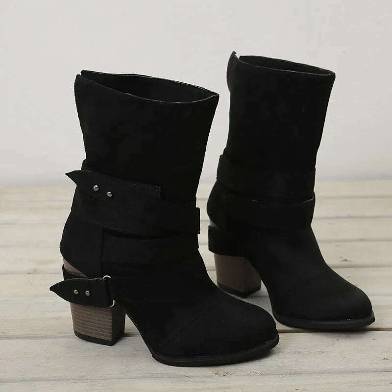 KIMLUD, Roman Style Ankle Boots For Women Round Toe Zipper Warm Boots Velvet Band Decoration Footwear For Winter, Black / 38, KIMLUD APPAREL - Womens Clothes