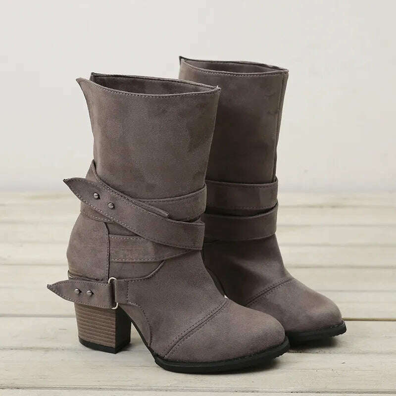 KIMLUD, Roman Style Ankle Boots For Women Round Toe Zipper Warm Boots Velvet Band Decoration Footwear For Winter, Grey / 34, KIMLUD APPAREL - Womens Clothes