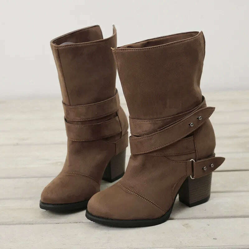 KIMLUD, Roman Style Ankle Boots For Women Round Toe Zipper Warm Boots Velvet Band Decoration Footwear For Winter, Khaki / 34, KIMLUD APPAREL - Womens Clothes