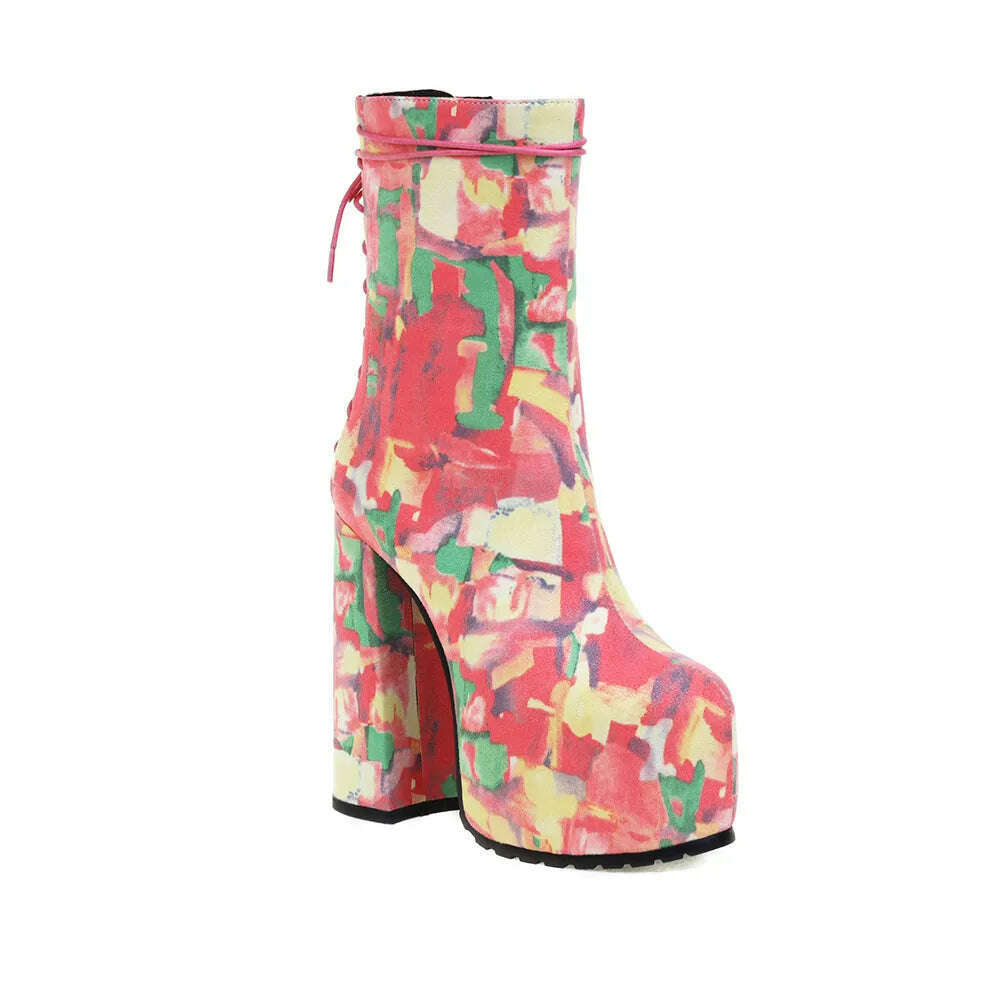 KIMLUD, Roman Style Lace-Up Suede Graffiti Design Thick-Soled Ultra-High Thick-Heeled Women's Boots Ultra-High Waterproof Platform Boots, Red / 34 / CHINA, KIMLUD APPAREL - Womens Clothes