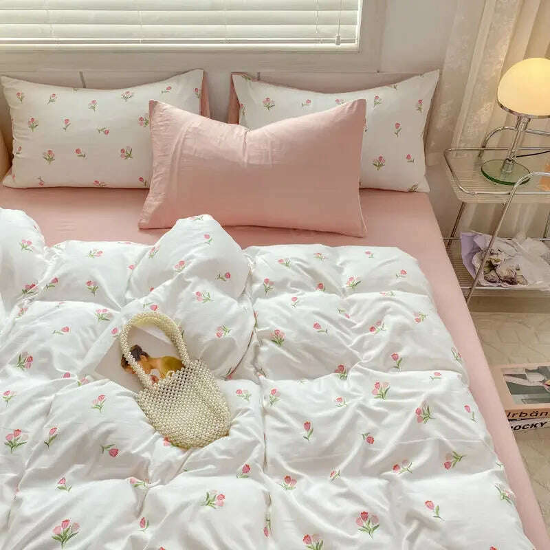 KIMLUD, Romantic Tulip Pink Bedding Set Bed Flat Sheet Pillowcase Twin Full Queen Bed Linen Kids Girls Floral Duvet Cover No Filling, KIMLUD Womens Clothes