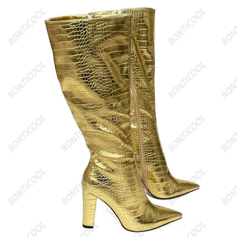 KIMLUD, Rontic Handmade Women Winter Knee Boots Pattern Unisex Chunky Heels Pointed Toe Fabulous Black Party Shoes US Size 5-15, KIMLUD Womens Clothes