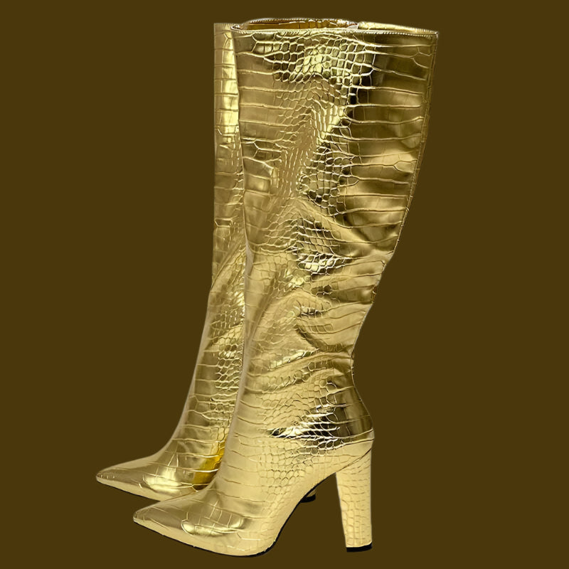 KIMLUD, Rontic Handmade Women Winter Knee Boots Pattern Unisex Chunky Heels Pointed Toe Fabulous Black Party Shoes US Size 5-15, KIMLUD Womens ClothesKIMLUD, Rontic Handmade Women Winter Knee Boots Pattern Unisex Chunky Heels Pointed Toe Fabulous Black Party Shoes US Size 5-15, A0661 Glod / 5, KIMLUD APPAREL - Womens Clothes