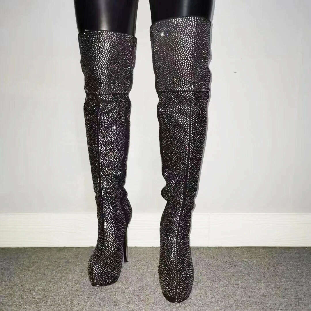 KIMLUD, Ronticool 2021 Women Winter Over The Knee Boots Sexy Rhinestone Stiletto High Heels Round Toe Black Night Club Shoes Size 5-20, B0136 Black / 5, KIMLUD APPAREL - Womens Clothes